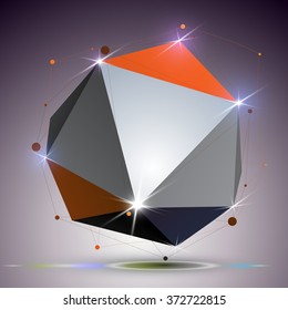 Creative asymmetric polished object with lines mesh. 3d colorful shiny complicated engineering abstraction with lights effect. Bright netting modeling element.