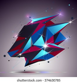 Creative asymmetric polished object with lines mesh. 3d colorful shiny complicated engineering abstraction with lights effect. Bright netting modeling element.