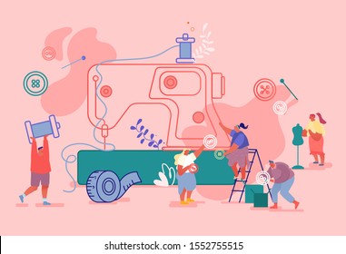 Creative Atelier Fashion Design Concept, Dressmakers Create Outfit and Apparel on Sewing Machine, Assistant Working with Mannequin. Tailor Textile Craft Business. Cartoon Flat Vector Illustration