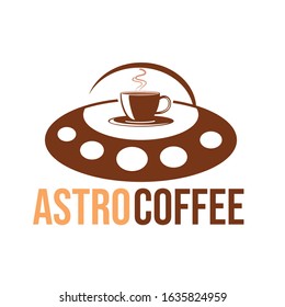 Creative and attractive coffee shop logo design with aliens spaceship and a cup of hot coffee in it