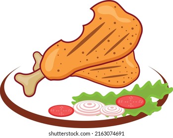 Creative and attractive design of the chicken leg piece with some green salad in a plate in a very attractive design.