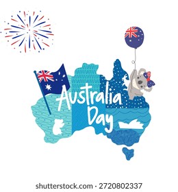Creative Australia Day illustration featuring a blue map of Australia with a cute koala holding a flag and celebratory fireworks in the background.