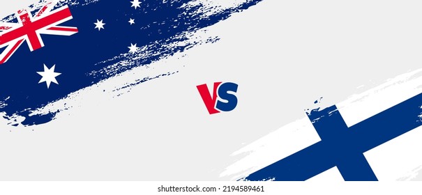 Kreatives Australien gegen Finnland bürsten Flaggen. Zwei Länderflaggen im Stile eines künstlerischen Pinsels, Hintergrund