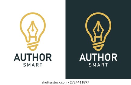 Smart Logo Design Template Illustration für kreative Autoren. Glühbirne mit Stift, Vektorsymbol
