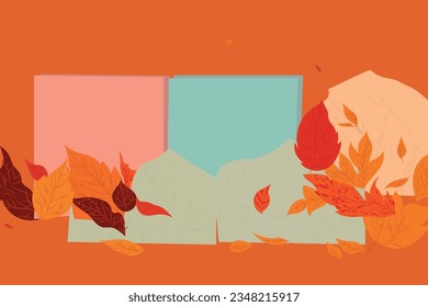 
Creative autumn background with space for text. Autumn leaves and paper stickers (for collage or note) in a trendy color palette. Abstract unusual design. Original design. Vector graphic design 