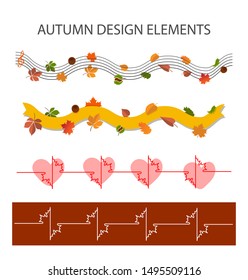 Creative autumn decoration set - stave with treble clef and foliage 'notes'; yellow ribbon with leaves, chestnuts; heartbeat or heart pulse in form of maple leaf. Design elements for card, poster. 