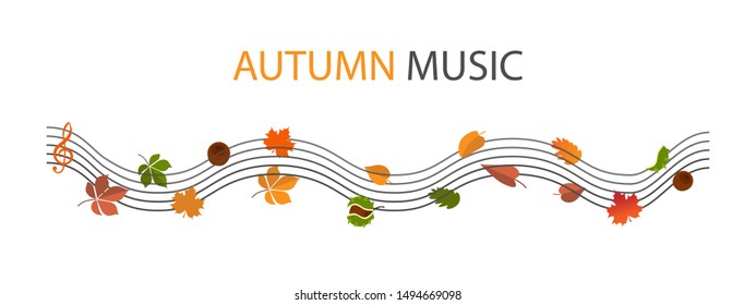 

Creative Autumn Stave With Treble Clef And Foliage Notes - Red, Orange And Yellow Leaves, Chestnuts. Melancholy Sad Music, Cantata Melody Or Jazz. Nice September Concept.