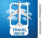 Creative aviation poster with white ticket frame and plane over blue sky with clouds and world map for travel agency advertisement, flight ticket promotion, and holiday destination marketing.