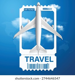 Creative aviation poster with white ticket frame and plane over blue sky with clouds and world map for travel agency advertisement, flight ticket promotion, and holiday destination marketing.