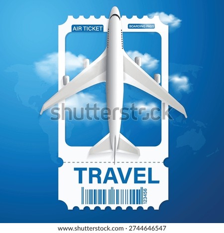 Creative aviation poster with white ticket frame and plane over blue sky with clouds and world map for travel agency advertisement, flight ticket promotion, and holiday destination marketing.