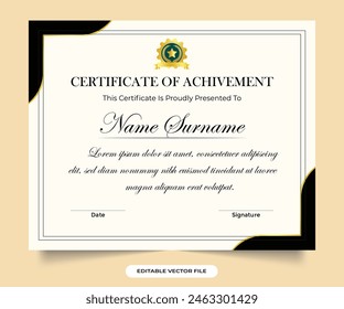 Creative award certificate decoration with black and golden colors.  credential vector for academic or official occasions. Achievement certificate frame layout vector. Elegant certificate template.