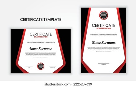 Creative award certificate design template with red and black color. Certificate for print, achievement, appreciation, excellence, graduation document set. Diploma vector certificate template.