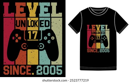 Diseño creativo impresionante de la camiseta del juego, diseño de la camiseta del juego de Antiguas, Gamer o nivel 17 del juego Diseño desbloqueado de la camiseta