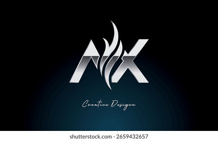 Monograma metálico audaz del logotipo de la llama de la letra de AX creativa con el símbolo del fuego para la marca de Premium Chrome y la identidad visual