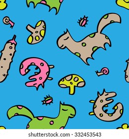 Creative baby colorful seamless pattern with different animals, bugs,mushrooms, cucumbers