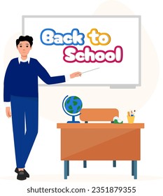 Creative back to school banner design. The male teacher is in the classroom, lecturing in front of the white board. Back to school concept poster, vector illustration. Equipments on the table