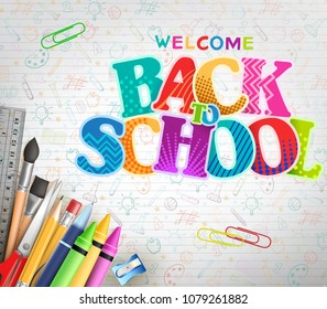Creative Back to School Banner Text with Different Colors and Pattern in Paper Background with Doodle and School Supplies. Vector Illustration
