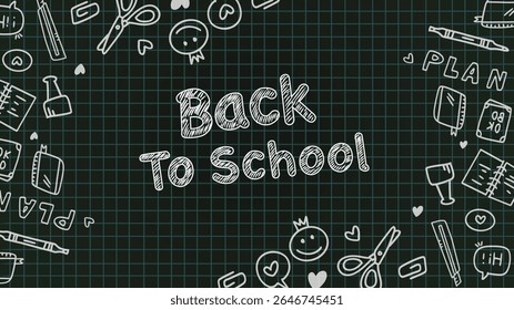 Creative back to school blackboard vector with white chalk doodle plan elements and green grid pattern