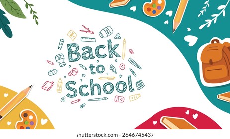Creative back to school doodle vector with colorful corner art supplies and kids study theme on white