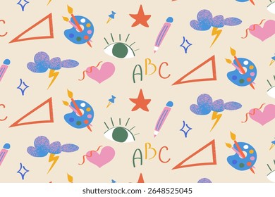 Modelo padrão Creative Back to School com ícones educacionais abstratos, incluindo uma paleta de nuvens, olhos, raios, ABC e estrelas. Perfeito para material escolar e produtos infantis.