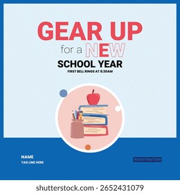 Creative back to school poster with books, apple, pencil jar, and modern typography. Perfect for education events, school flyers, and academic promotions.