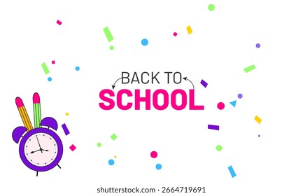 Creative back to school promotion template with  pencils, rulers, and notebooks. Vector sale banner with limited time offer and discount price . Suitable for stationery shops, store advertising