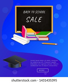 Creative back to school sale poster or banner with chalkboard, pile of books, pencil and graduation cap for online education or shopping discount promotion or digital marketing