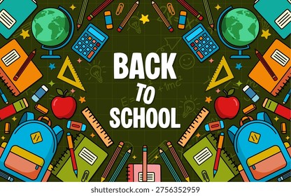 Creative Back To School Template with Green Theme and School Supplies Illustration Description: Stylish Back To School template designed with vibrant green tones and detailed school elements.