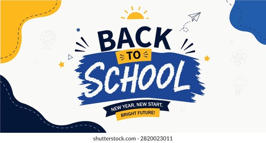 Creative back to school typography banner featuring playful doodles abstract waves sunshine decorative educational theme modern layout suitable for classroom announcements seasonal promotions and academic events.