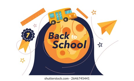 Creative back to school vector design with paper plane yellow school bus and study supplies on white