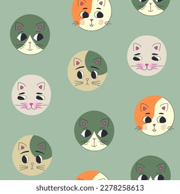 Creative backdrop, black eyes cats. Repeatable texture, smiling kitten face. Seamless colorful pattern
