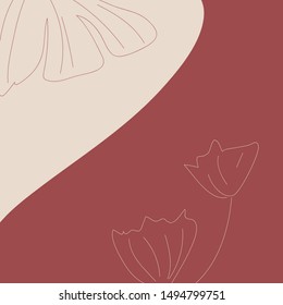 Creative background with beige and red colors. Decorative lines and floral elements. Modern abstraction poster. Art print design.