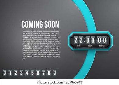 Creative Background Coming Soon and countdown timer with digit samples. Vector Illustration isolated on white background.