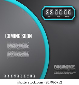 Creative Background Coming Soon and countdown timer with digit samples. Vector Illustration isolated on white background.