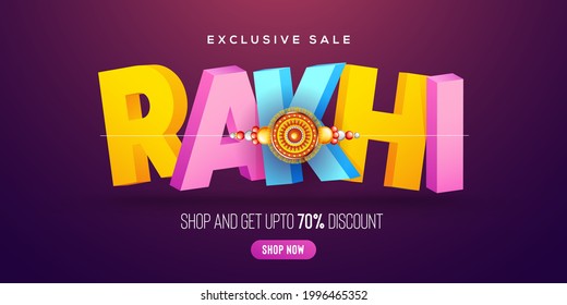 Fondo creativo con rakhi decorados y texto en rakhi 3d para Raksha Bandhan Sale - festival indio de hermanas y hermanos.