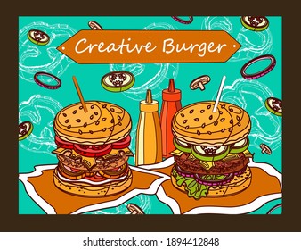 Creative background design with burgers and sauces. Tasty big cheeseburgers for fast food restaurant. Unhealthy meal and nutrition concept. Template for promotional or invitation web page