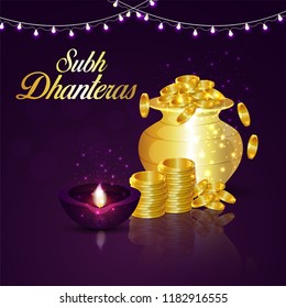 creative background of dhanteras, festival of india, greeting card, banner, header with shiny coins & pot on floral background for shubh dhanteras.