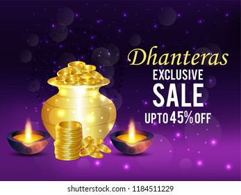 
creative background of dhanteras, festival of india, greeting card, banner, header with shiny coins & pot on floral background for shubh dhanteras.