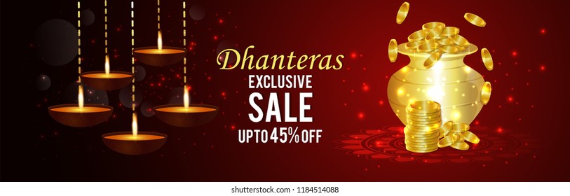creative background of dhanteras, festival of india, greeting card, banner, header with shiny coins & pot on floral background for shubh dhanteras.