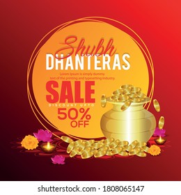 creative background of dhanteras, festival of india, greeting card, banner, header with shiny coins & pot on floral background for shubh dhanteras.