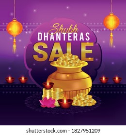 creative background of dhanteras, festival of india, greeting card, banner, header with shiny coins & pot on floral background for shubh dhanteras.