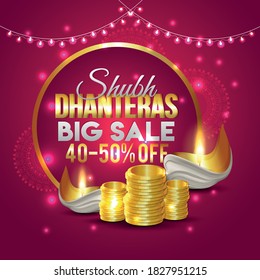 fondo creativo de dhanteras, festival de la india, tarjeta de saludo, cartel, encabezado con monedas brillantes y maceta sobre fondo floral para los shubh dhanteras.