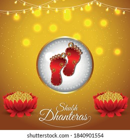 creative background of dhanteras, festival of india, greeting card, banner, header with shiny coins & pot on floral background for shubh dhanteras.