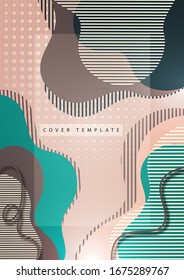 Creative background with flowing color wave and striped shapes against a halftone background. Template for the design of the banner, cover, business card, illustration, landing page. Vector.