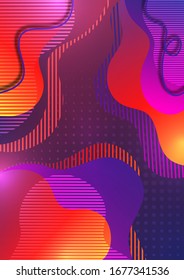 Creative background with flowing color wave and striped shapes against a halftone background. Template for the design of the banner, cover, business card, illustration, landing page. Vector.