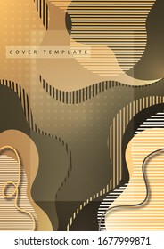 Creative background with flowing color wave and striped shapes against a halftone background. Template for the design of the banner, cover, business card, illustration, landing page. Vector.