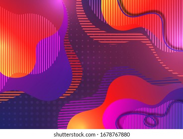 Creative background with flowing color wave and striped shapes against a halftone background. Template for the design of the banner, cover, business card, illustration, landing page. Vector.