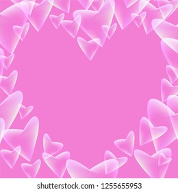 Creative background with flying hearts.Transparent elements on pink background. Vector symbols of love in shape of heart for Happy Womens, Mothers, Valentines Day, birthday greeting card design.