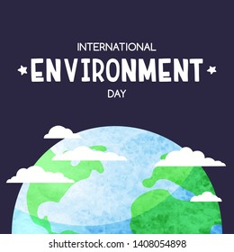 Creative background with globe, clouds and hand-drawn inscription World Environment Day. Vector template.