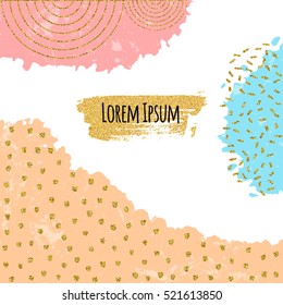 Creative background with gold brush stroke, hand drawn textures, geometric elements in hipster style. 